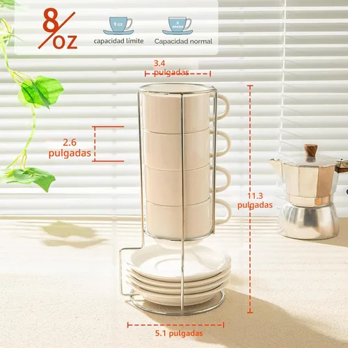 Miniatura 6 de Sweese Tazas apilables de porcelana para capuchino de 8 onzas con platillos y soporte de metal, para bebidas de café especiales, capuchino, latte