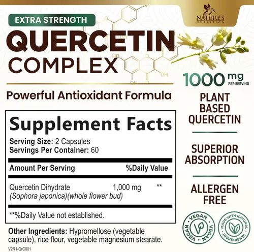 Miniatura 2 de Quercetin Dihydrate 1000mg per Serving - Premium Plant-Based Bioflavonoids - Extra Strength Antioxidant Immune & Respiratory Health Support - High