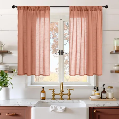 Miniatura 32 de BGment Cortinas de lino café de 30 pulgadas de largo para ventana pequeña, cortinas de media ventana beige semitransparentes ligeras con bolsillo