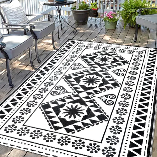 Miniatura 16 de Alfombra Impermeable para Exteriores 9x12 pies, Tapete de Paja de Plástico Reversible Boho para Patio RV Terraza Porche Patio Trasero Balcón Camping