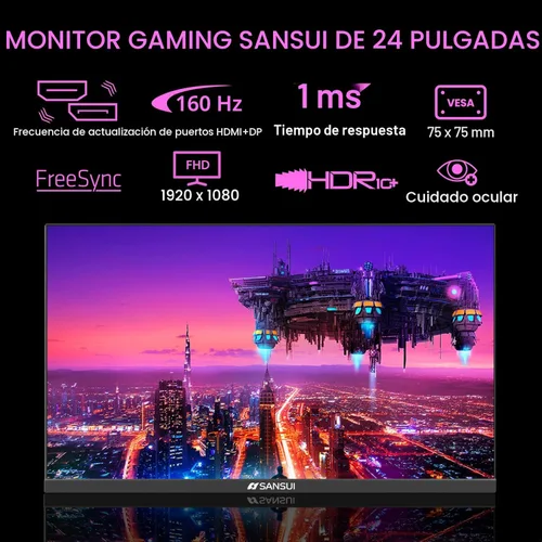 Miniatura 2 de SANSUI Monitor de Gaming de 24 Pulgadas 160Hz FHD 1080P Monitor de Computadora, FreeSync 1ms Contraste 4000:1, Puertos HDMI DP Soporte VESA Monitor