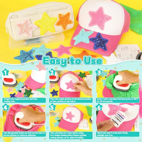 Miniatura 6 de Parches de estrellas de lentejuelas para sombreros de camionero: KINGSOW 20 piezas de parche brillante para planchar para ropa, chaquetas, mochilas