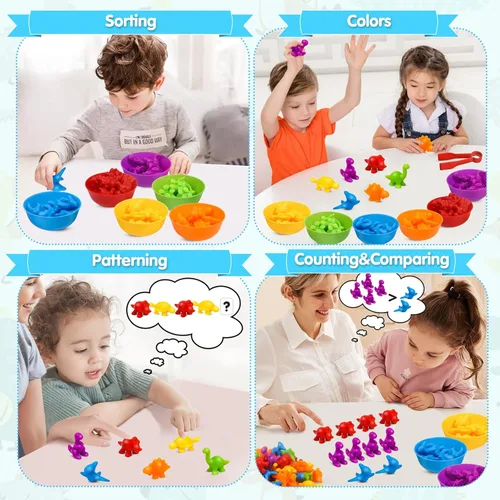 Miniatura 6 de USATDD Juguetes de dinosaurios para contar con clasificación de colores, juegos de apilamiento con cuencos, actividades de aprendizaje preescolar