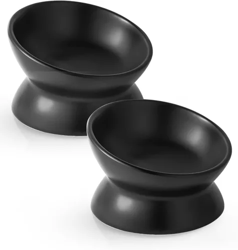 LoeJan Tazón Elevado para Comida de Gatos, Tazón de Agua de Cerámica Elevado e Inclinado de 5 Oz, Platos Anti Vómito que Protegen la Columna