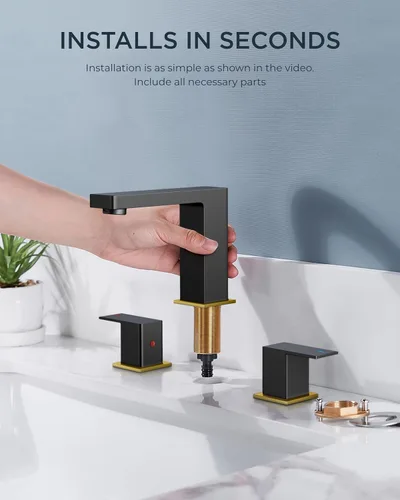 Miniatura 8 de FORIOUS Grifo de baño negro y dorado de 8 pulgadas de extensión amplia cuadrado, 2 manijas, grifos negros mate de 6 pulgadas para lavabo de baño, 3