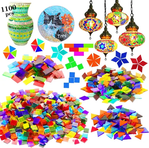 1100 azulejos de mosaico, azulejos de mosaico de vidrio para manualidades a granel, piezas de vidrio de mosaico manchado, suministros de mosaico