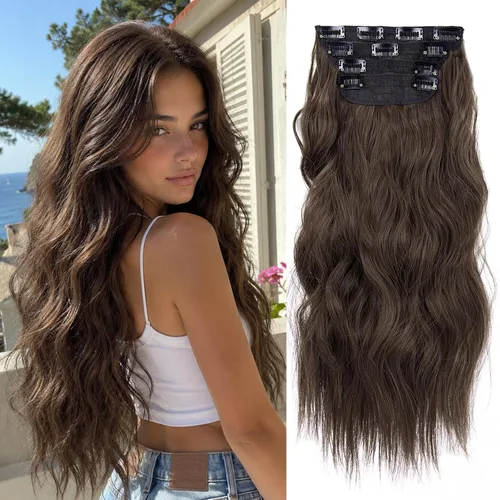 Miniatura 29 de Extensiones de cabello sintético con pinzas, largas y lacias, gruesas, extensiones de cabello natural de fibra de color rubio 613 de doble trama, 20