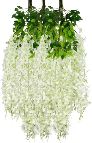 Miniatura 50 de Paquete de 12 guirnaldas de flores colgantes de glicina blanca, enredaderas de flores artificiales de 3.77 pies, glicinia falsa, guirnalda colgante