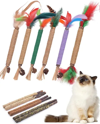 Miniatura 8 de TINDTOP Juguetes masticables de hierba gatera para gatos, paquete de 12 palitos de vid plateada natural para limpieza de dientes de gatitos, cuidado