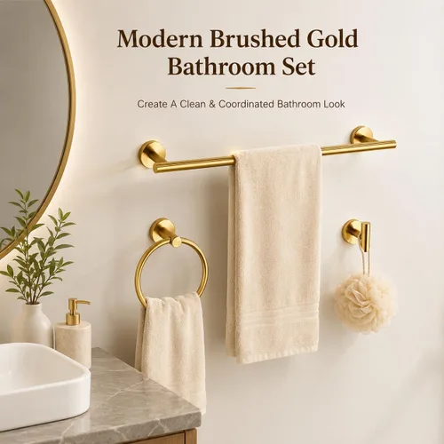 Miniatura 2 de Juego de accesorios de baño de oro cepillado de 5 piezas con toalleros para baño, juego de barras para toallas de baño de acero inoxidable SUS304