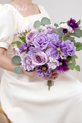 Miniatura 6 de Juego de caja de flores artificiales moradas, combo de rosas falsas y dalias para manualidades, boda, centro de mesa, buqué de novia, baby shower