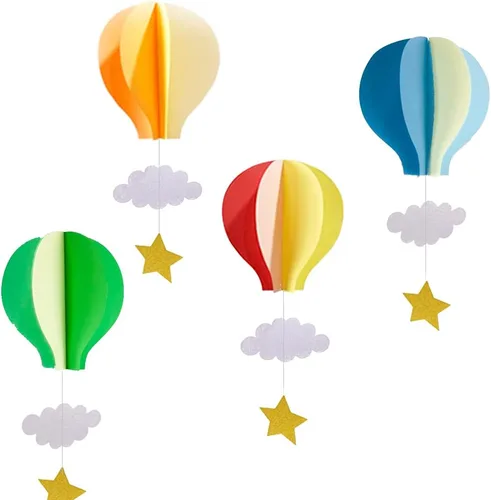 Colorido globo aerostático colgante de papel decorativo (paquete de 4) - Globo grande de aire caliente con nubes estrellas colgantes guirnalda de