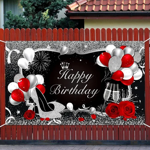 Miniatura 6 de Irenare Cartel de feliz cumpleaños rojo telón de fondo rojo decoración para mujeres y hombres, pancarta negra para suministros de fiesta, globos