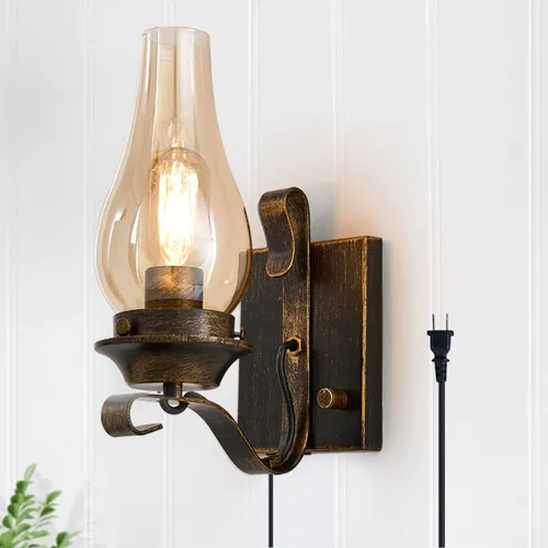 Yisuro Aplique de pared enchufable, apliques de pared de bronce frotado con aceite, lámparas de pared rústicas retro, apliques de iluminación de
