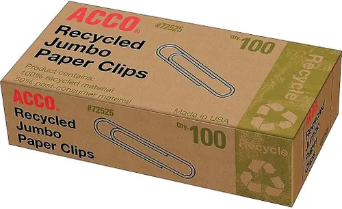Miniatura 4 de ACCO Clips de papel reciclados, acabado liso, tamaño jumbo, 100 por caja, 10 cajas por paquete (72525)
