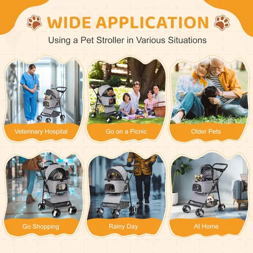 Miniatura 8 de ZENY Cochecito para mascotas, cochecito plegable 3 en 1 para perros y gatos con 4 ruedas, cesta desmontable y soporte para tazas, transportador Gris