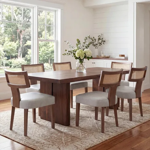 Miniatura 18 de VESCASA Juego de 2 sillas de comedor modernas de mediados de siglo, sillas de comedor tapizadas de lino con respaldo curvado ergonómico, patas