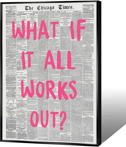 Miniatura 22 de Liyark Arte de pared retro moderno de periódico en lienzo - "¿Qué pasaría si todo sale bien" Frase de afirmación positiva - Fuente rosa - Decoración