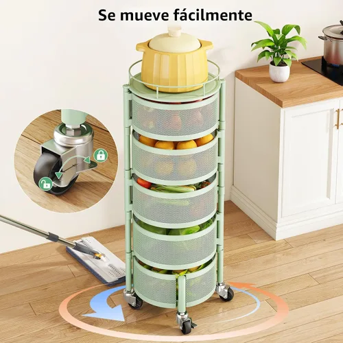 Miniatura 8 de SAYZH Cesta de frutas y verduras para cocina, estante de almacenamiento giratorio, carrito rodante de 5 niveles con tapa superior, ruedas de alambre