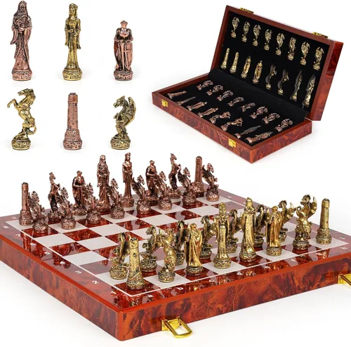 Miniatura 8 de Juego de ajedrez vintage de metal para adultos y niños, tablero de madera de 15 pulgadas con piezas de metal, juego de ajedrez de viaje, juego