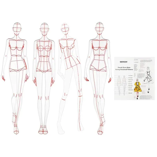 Miniatura 8 de Conjunto de reglas de plantilla de dibujo de moda EXTCCT, diseño de patrones humanoides para mujer, reglas de curva francesa para medición de ropa