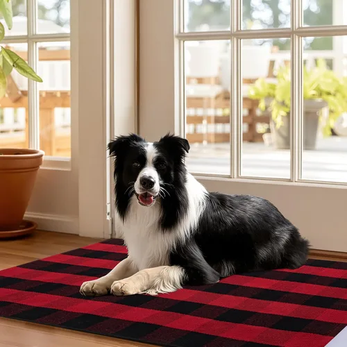 Miniatura 5 de joybest - Alfombra de felpudo tipo búfalo a cuadros de 27.5 x 43 pulgadas en negro y rojo; alfombra de algodón tejida a mano para puerta delantera