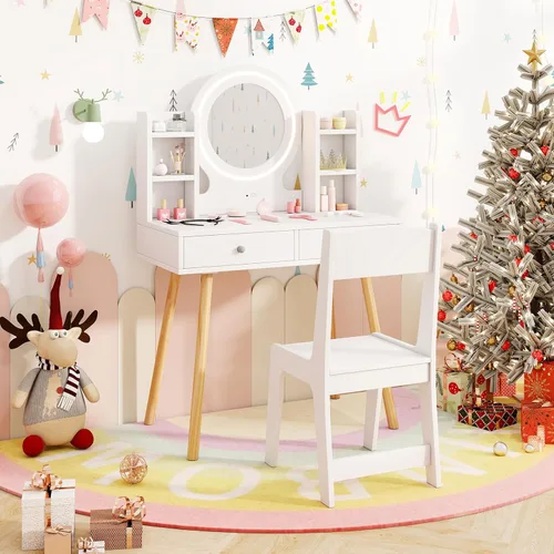 Miniatura 2 de HONEY JOY Juego de tocador para niños, juego de tocador para niñas con espejo y taburete y luces, cajones y estantes de almacenamiento, mesa