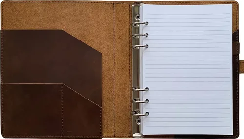 Miniatura 3 de Fan&Ran Diario de cuero recargable con papel rayado, carpeta A5 de 6 anillas, 100 hojas, marrón oscuro