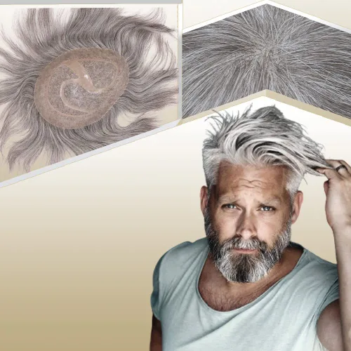 Miniatura 11 de Toupee para hombres sistemas de reemplazo de cabello humano real europeo para hombres, postizos finos, centro de encaje, piel más gruesa, pieza