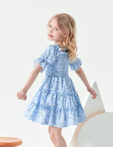 Miniatura 4 de Vestido de niña pequeña, cuello cuadrado, manga abombada, acampanado, vestidos florales de verano para niñas pequeñas, 2-6T