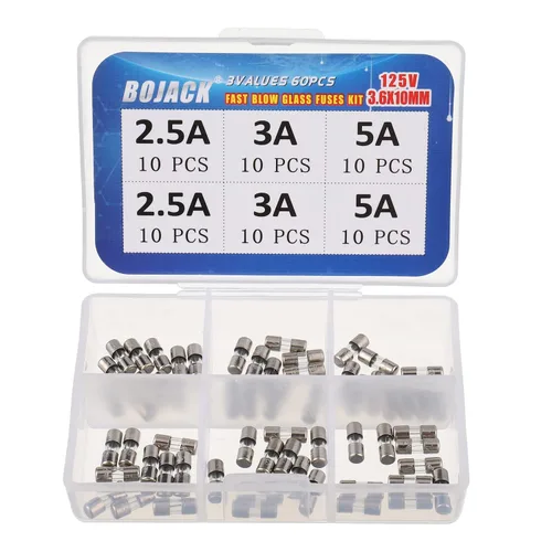 BOJACK Kit surtido de fusibles de vidrio de soplado rápido de 125V, 0.142x0.394 in, 60pcs (2.5A, 3A, 5A), montaje en superficie, BOJACK-BJ-6V60P-125V