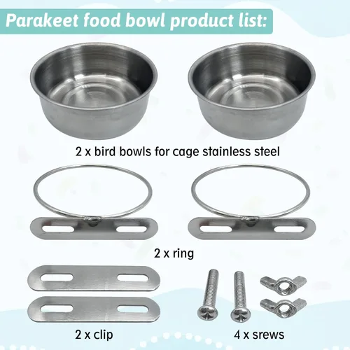 Miniatura 6 de PINVNBY 2 piezas cuencos de acero inoxidable para pájaros, cuencos para agua y alimentos con soporte de abrazadera, comedero de pájaros, tazones