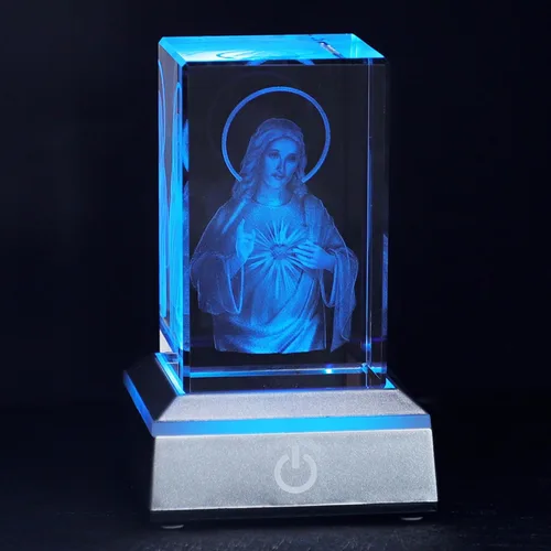 Miniatura 15 de KOMI Estatua de la Virgen María de cristal 3D con base de luz LED, estatuas de madre María grabadas con láser, regalos religiosos para mujeres