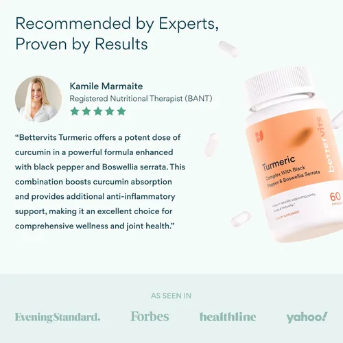 Miniatura 5 de Bettervits Suplemento de curcumina de cúrcuma con pimienta negra y boswellia serrata Suplemento orgánico de cúrcuma de 1000 mg para una mayor
