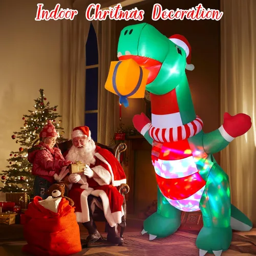 Miniatura 8 de Decoraciones inflables de Navidad de 8 pies para exteriores, dinosaurio inflable de patio con sombrero navideño y caja de regalo, luces LED