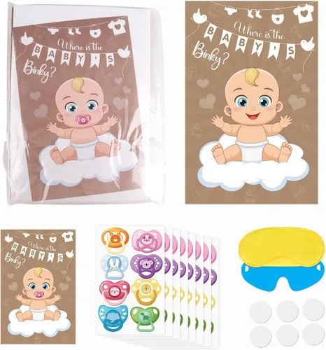 Miniatura 6 de Pin The Pacifier On The Baby Game Póster de juegos de chupetes con 64 calcomanías para chupetes para baby shower, regalos de fiesta, suministros