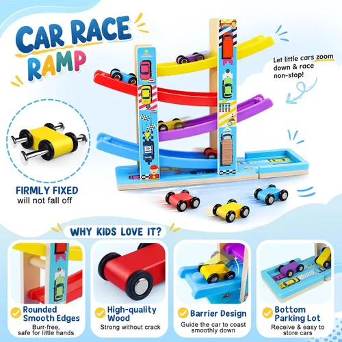 Miniatura 2 de Heirio Juguetes Montessori para niños y niñas de 1, 2 y 3 años, juguete de rampa de madera sin montaje con 4 autos de carreras y estacionamiento