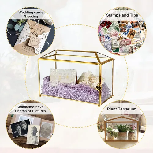 Miniatura 5 de Caja de tarjeta de cristal dorada de 12.6 pulgadas, caja grande para tarjetas de boda con cerradura y ranura para recepción, cajas decorativas