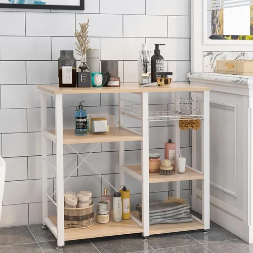 Miniatura 3 de Estante de cocina para horno de microondas de 3 niveles, estante de almacenamiento con ganchos, estación de trabajo multifuncional para cocina, sala