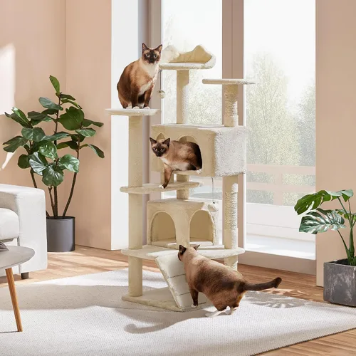 Miniatura 2 de Yaheetech Torre de árbol para gatos de 54 pulgadas, mueble con poste rascador para gatitos, casa de mascotas para jugar Beige