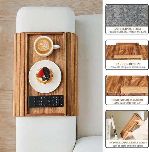 Miniatura 7 de GEHE Bandeja de madera de acacia para sofá, mesa auxiliar plegable para el brazo del sofá, mesa auxiliar con reposabrazos anticaídas, soporte