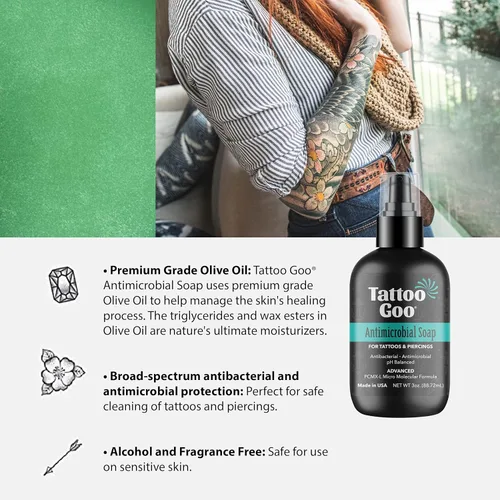 Miniatura 3 de Tattoo Goo Jabón limpiador, 3 onzas, para el cuidado posterior de piercings y tatuajes, hidrata y limpia la suciedad, jabón equilibrado de pH,