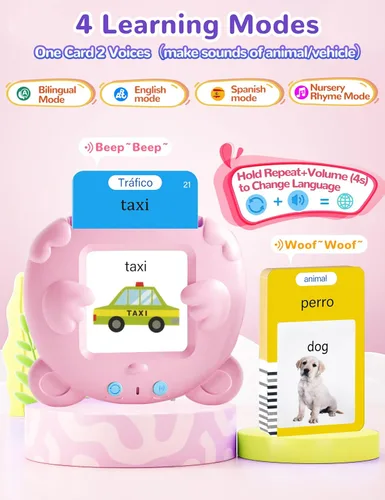 Miniatura 3 de Tarjetas didácticas parlantes en español e inglés para niños pequeños, 510 palabras visuales bilingües rosadas, juguetes educativos para niñas