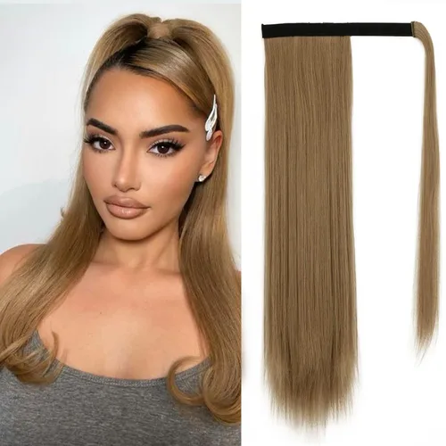 Miniatura 24 de BARSDAR Extensión de cola de caballo de 28 pulgadas largo recto envoltura alrededor del clip en pelo de fibra sintética para mujeres, negro