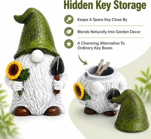 Miniatura 2 de Hide A Key - Gnomo de jardín exterior de 9 pulgadas, estatua ocultadora de llaves para exteriores, soporte oculto para llaves con cierre giratorio