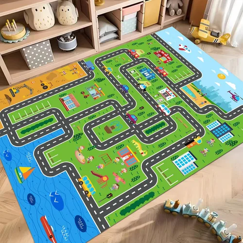 Miniatura 17 de Tapete de juego de automóvil para niños, alfombra para sala de juegos, alfombra de tráfico de ciudad, alfombra de juego para piso, alfombra de juego