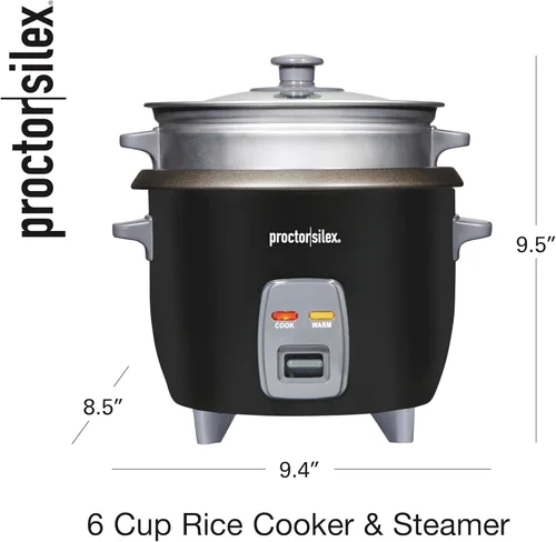 Miniatura 8 de Proctor Silex - Arrocera y vaporizador de alimentos, 6 tazas cocinadas (3 tazas sin cocinar), incluye cesta de vapor y enjuague, negro (37510)