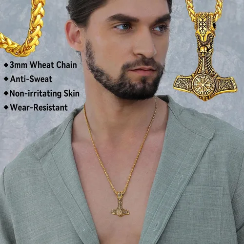 Miniatura 2 de FaithHeart Collar de martillo de Thor vikingo, acero inoxidable, plata de ley, amuleto Vegvisir Mjolnir con cadena de trigo resistente, Acero
