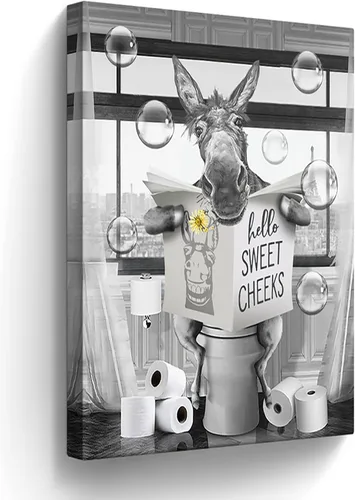 Miniatura 21 de Lienzo decorativo de osos divertidos para pared, cuadros en blanco y negro, decoración de pared de baño, oso sentado en el inodoro, lectura