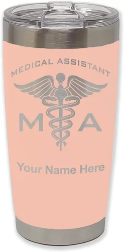 Miniatura 62 de LaserGram Taza aislada al vacío de 20 onzas, asistente médico MA, grabado personalizado incluido (rosa)